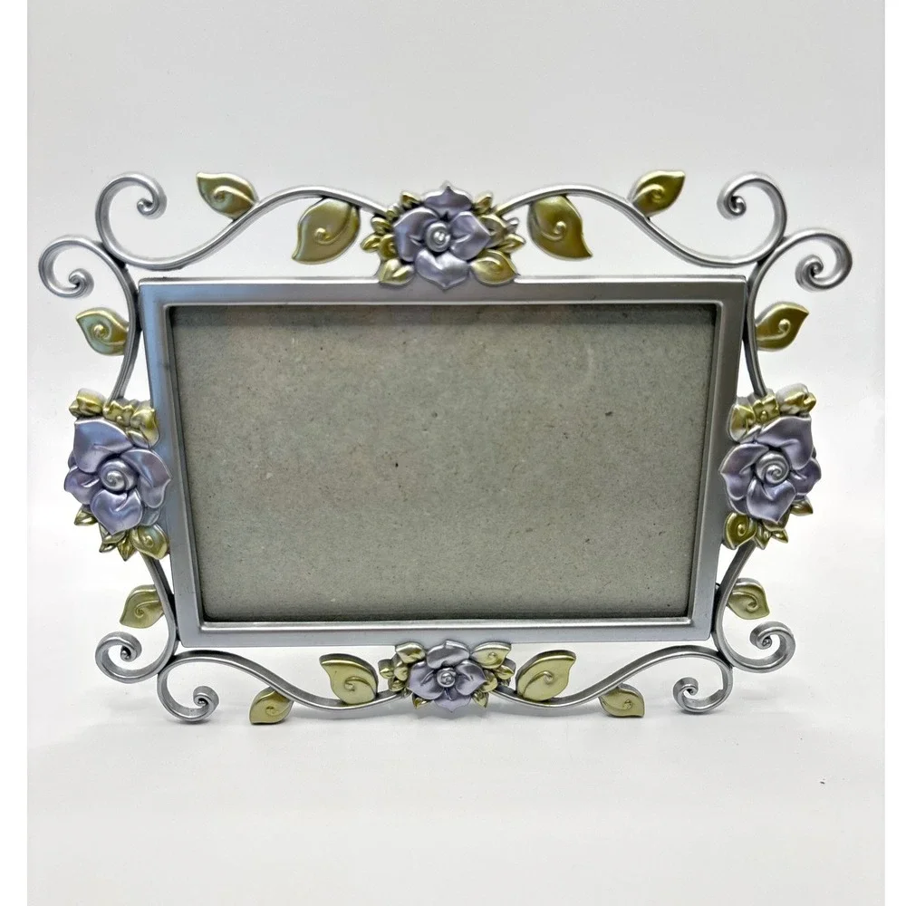 Vintage Connoisseur Pewter Silver Enamel Purple Rose Floral Picture Frame 4x6
